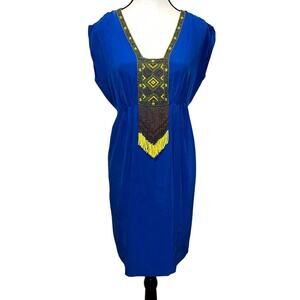 Tibi Cascade Beaded Silk Royal Blue Cap sleeve A-Line Dress Egyptian Vibe Size )